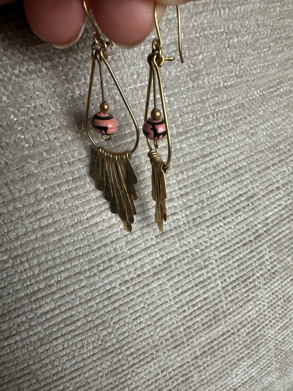 Handmade Pink Bead Brass Fringe Drop Earrings